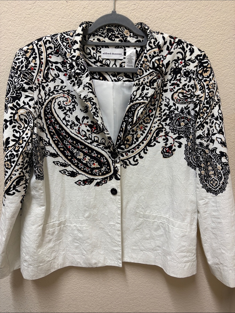Alfred Dunner White Paisley-Print Button Jacket with Black & Tan Accents